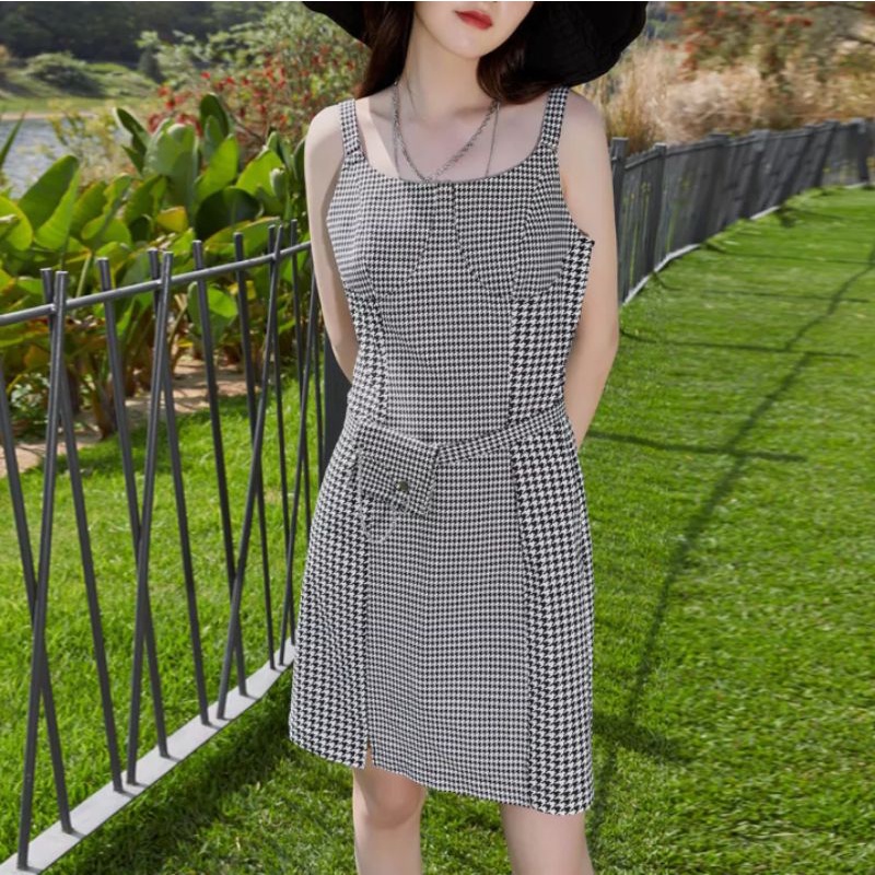 Đầm Váy Yêm Hai dây Caro nhỏ Kèm nịch và túi Hàng Hiệu