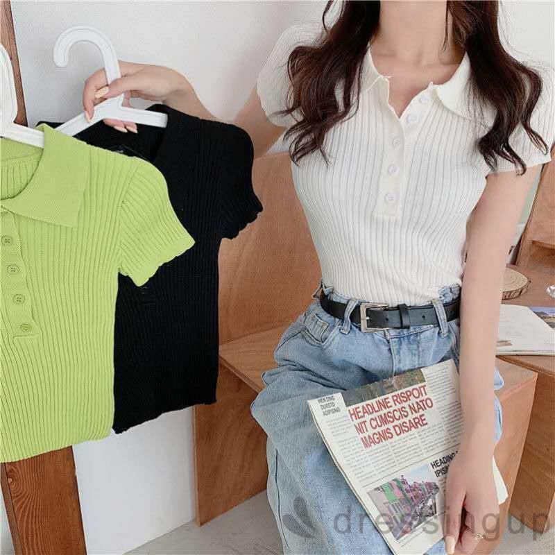 Áo thun tay ngắn cổ bẻ màu trơn dệt kim sọc gân có nút cài thời trang thường ngày cho nữ