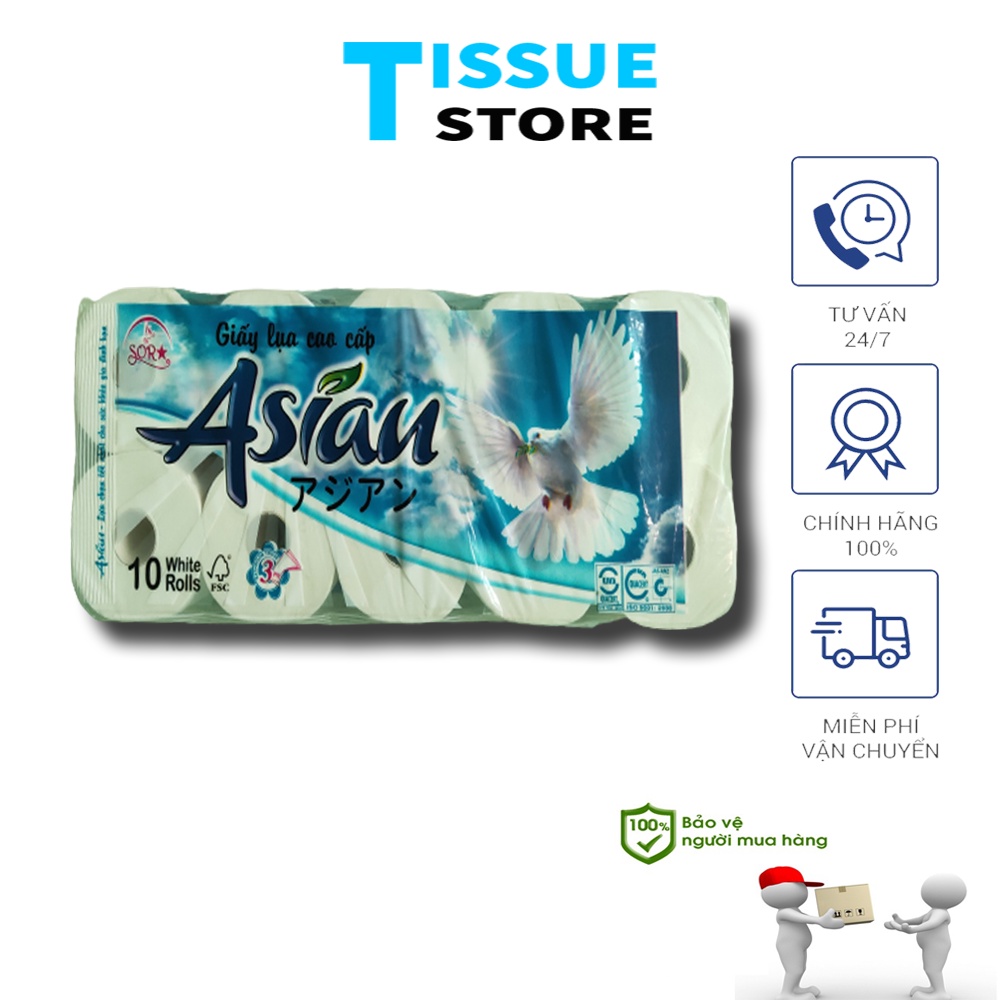 Giấy vệ sinh Asian dây 10 cuộn lớn 1.5kg, 100% không bụi, siêu dai, mềm, mịn