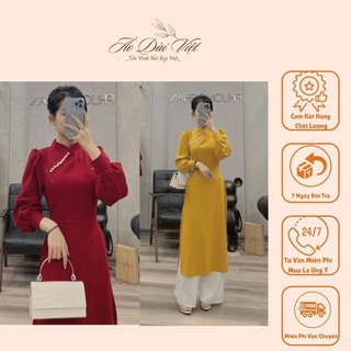 Áo Dài Cách Tân Vai Bồng Màu Đỏ + Vàng Vải Tafta Cao Cấp, Áo Dài Việt Cam Kết Chất Lượng, Chuẩn Form Dáng