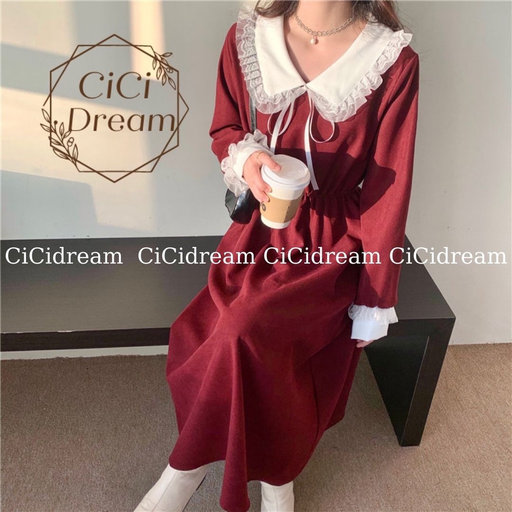 Váy Đỏ maxi noel xòe dáng dài babydoll dài tay phối cổ ren chun eo, váy nhung maxi xòe giáng sinh noel đi chơi, dự tiệc