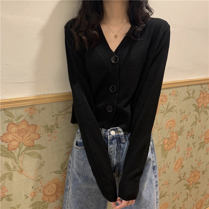 IELGY   Áo Khoác Dệt Kim Mỏng Tay Dài Cổ Chữ V Màu Đen Đơn Giản Cho Nữ