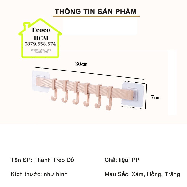 Thanh treo đồ 6 móc siêu dính, Dán Tường Nhà Tắm, Nhà bếp, Tủ Quần Áo không cần khoan đục