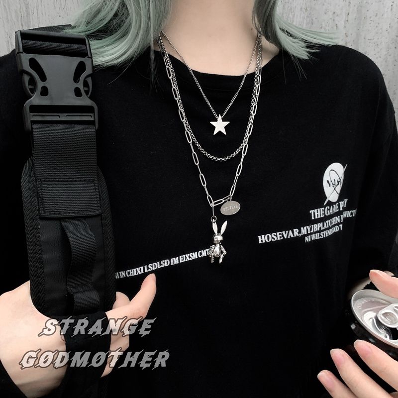 Dây Chuyền Thép Titan Nhiều Lớp Mặt Hình Thỏ Cá Tính Phong Cách Hip-Hop