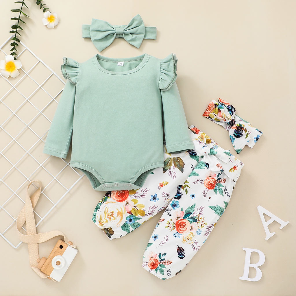 Băng đô quà tặng-Bộ Đồ Quần Áo Bé Gái Body Tay Dài Bodysuit Liền Thân Và Hoa Quần Dài Set Thời Trang Cho Bé Trẻ em Sơ Sinh 0-24 Tháng