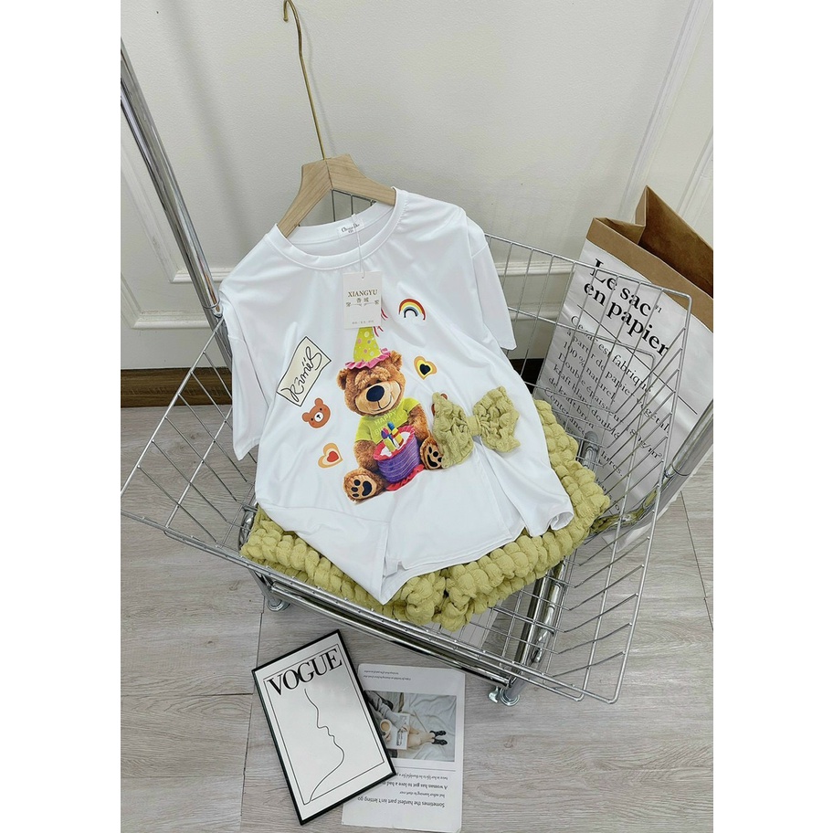 [9.9 Sales Freeship] Set bộ đùi xốp nữ đính nơ dễ thương, set áo thun in gấu xẻ lai quần đùi xốp nổi đi chơi cute