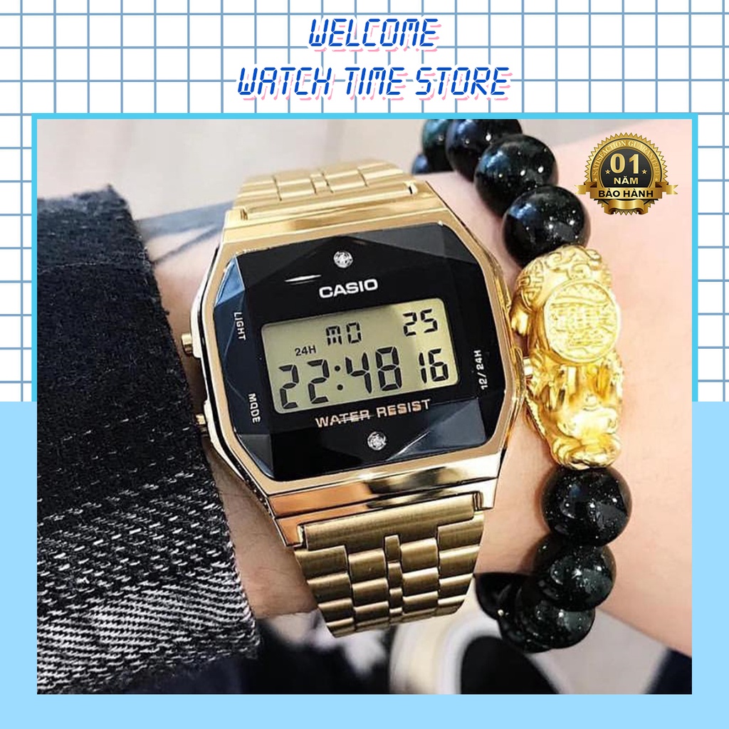 Đồng Hồ Nam Casio Vintage Kim Cương A159 Vàng Cao Cấp Dây Kim Loại Đính Đá - Made In Japan