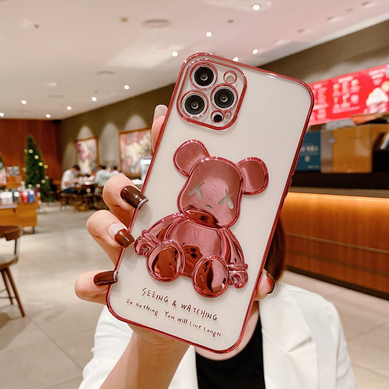 Ốp điện thoại mạ màu vàng hồng và xanh dương hình gấu 3D cho iPhone 13 ProMax 12 ProMax 11 X Xr XsMax 8 7Plus | BigBuy360 - bigbuy360.vn