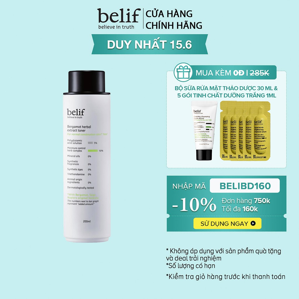 Nước cân bằng Cam Hương dưỡng ẩm và tái tạo da Belif Bergamot Herbal Extract Toner 200ml