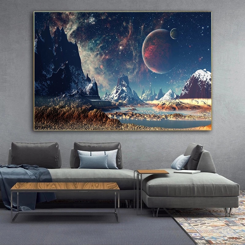 Tranh Vải Bạt Treo Tường In Hình Hành Tinh Vũ Trụ Galaxy Trang Trí Phòng Khách/Không Gian