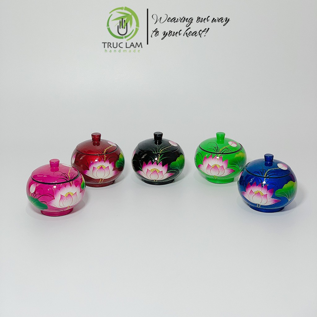 Hộp Sơn Mài Hình Hũ Tròn Trang Trí Họa Tiết Vẽ Tay Hình Bông Sen - Trúc Lâm Handmade