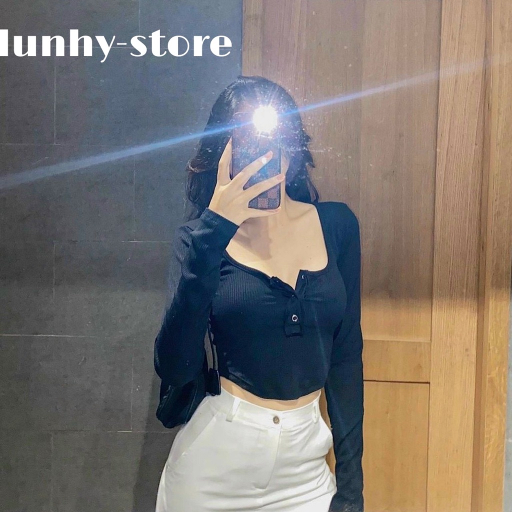 Áo Croptop Ôm Body Tay Dài Cổ Vuông Phối Cúc Cotton Mịn Co Dãn Sexy
