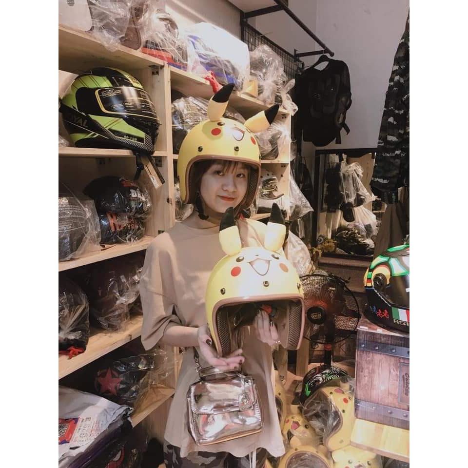Mũ bảo hiểm 3/4 Pikachu vàng kèm tai siêu dễ thương