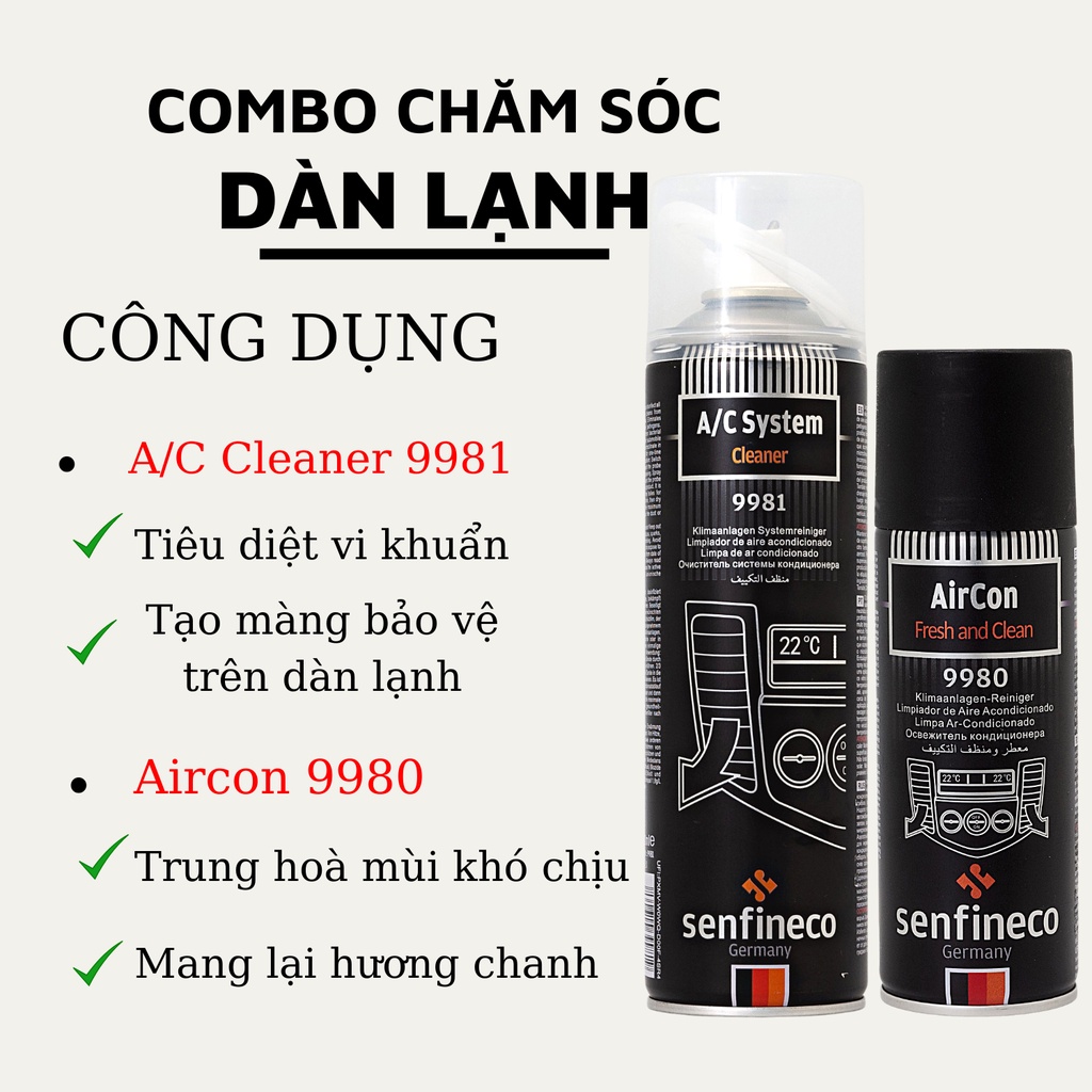 Vòi xịt vệ sinh máy lạnh khử mùi ô tô Senfineco 9981 System Cleaner dung tích 520ml