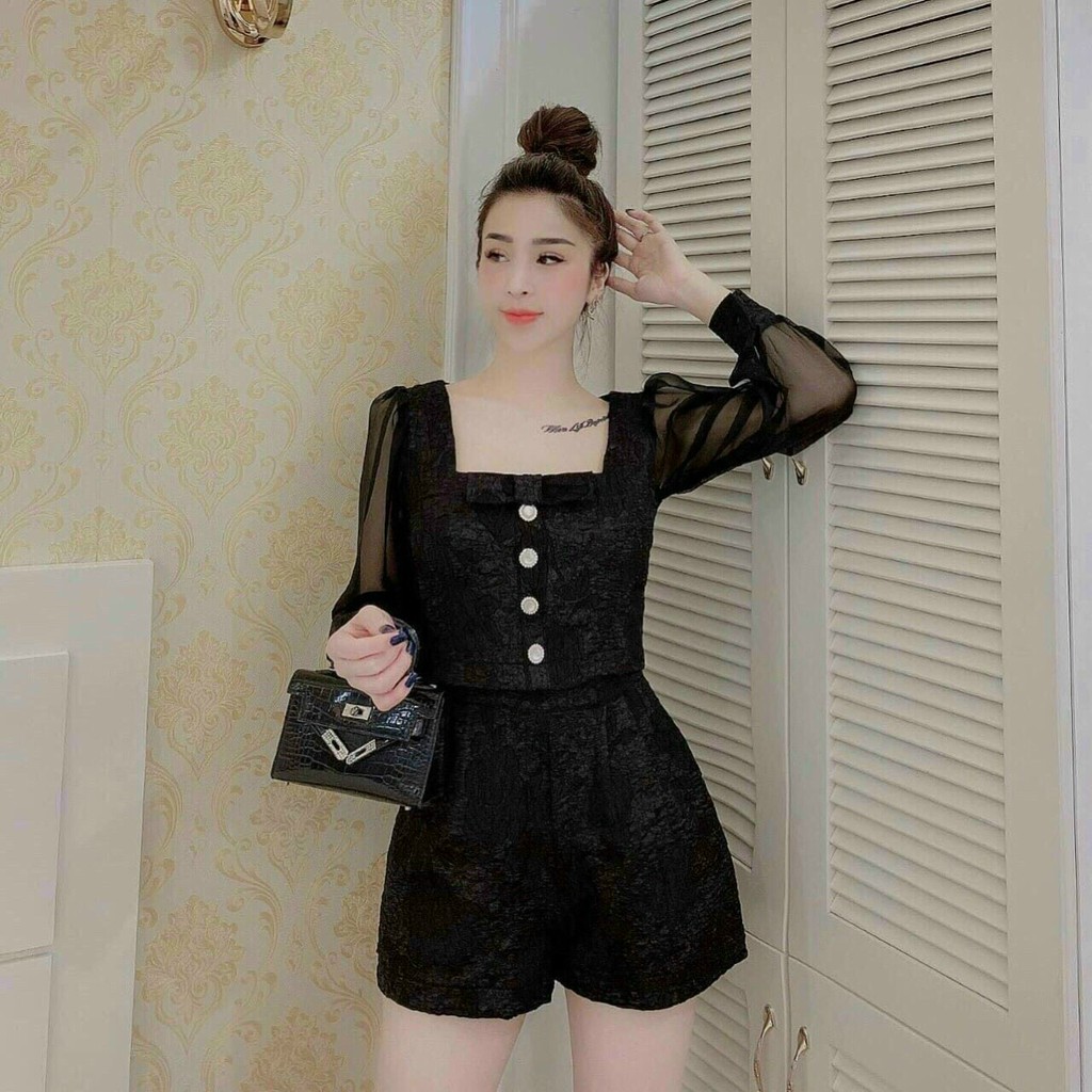 Set bộ thời trang nữ áo tay dài cổ Vuông kèm quần đùi ống rộng gấm tapta sang trọng, quý phái