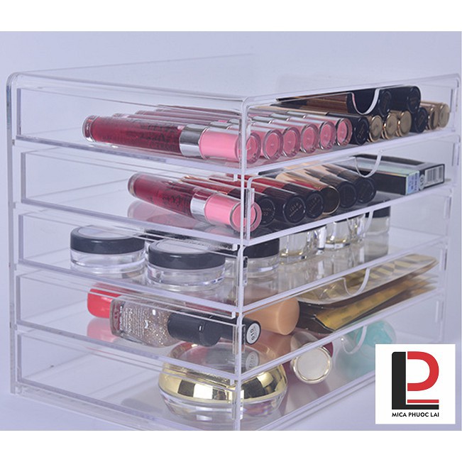 Hộp mica trưng bày mỹ phẩm cao cấp/ Hộp 5 ngăn kéo chống bụi