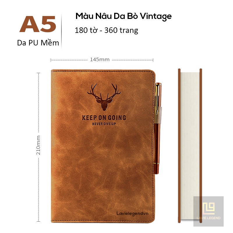Sổ tay ghi chép công việc bìa da PU A5 360 trang- Họa tiết Never Give Up Notebook LavieLegend