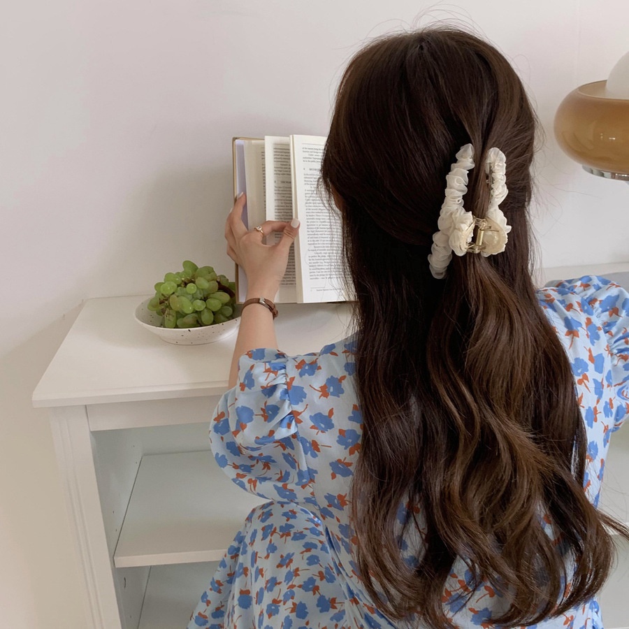 Kẹp tóc đuôi ngựa hình hoa phối ren màu trơn phong cách Hàn Quốc 12cm