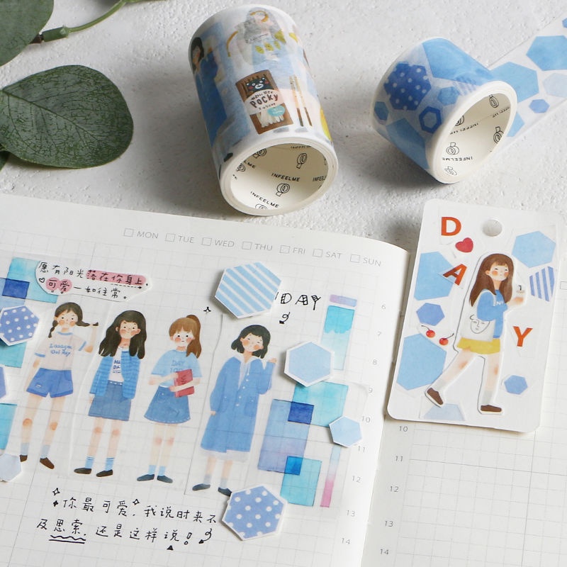 Notebook Combination Sets Outfit and Paper Adhesive Tape Girl Heart Character Fresh Greenery Border Material Watercolor Geometric Decorative Sticker