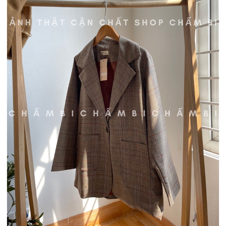 Áo khoác kiểu nữ A.267, Áo blazer 2 lớp 1 cúc thân kẻ nâu túi tròn dài tay style Hàn Quốc