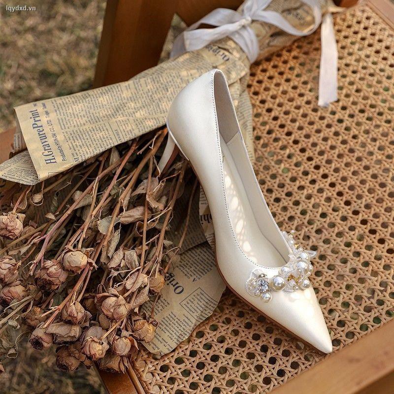 ☄High heels women 2020 new pointed toe stiletto single shoes white French wedding light mouth red bridesmaid