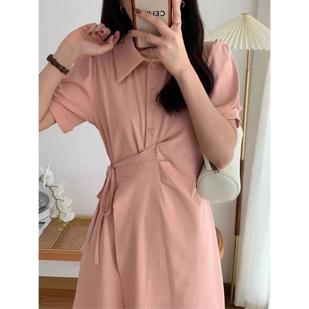 Đầm Sơ Mi Lưng Cao Phối Ren Thời Trang Hàn Quốc Cho Nữ