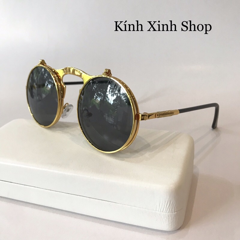 Kính Râm Nam Nữ Mắt Tròn Nhỏ 2 Tròng Lật Lên Gọng Kim Loại Xuống Có Thể Đi Ngày và Đêm