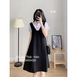 Váy bầu công sở giả yếm phối sơ mi trắng cộc tay- V15