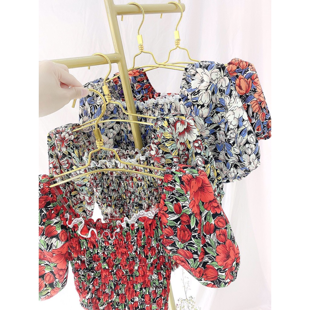 Áo Kiểu Voan Hoa Nhí Thân Nhún Tay Ngắn Bẹt Vai Thời Trang TTSA0558