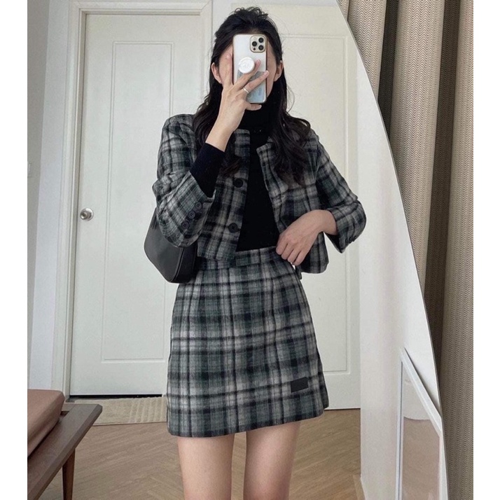 Set Áo Dạ Kẻ Tweed Kèm Chân Váy Chữ A Phong Cách Ulzzang | BigBuy360 - bigbuy360.vn