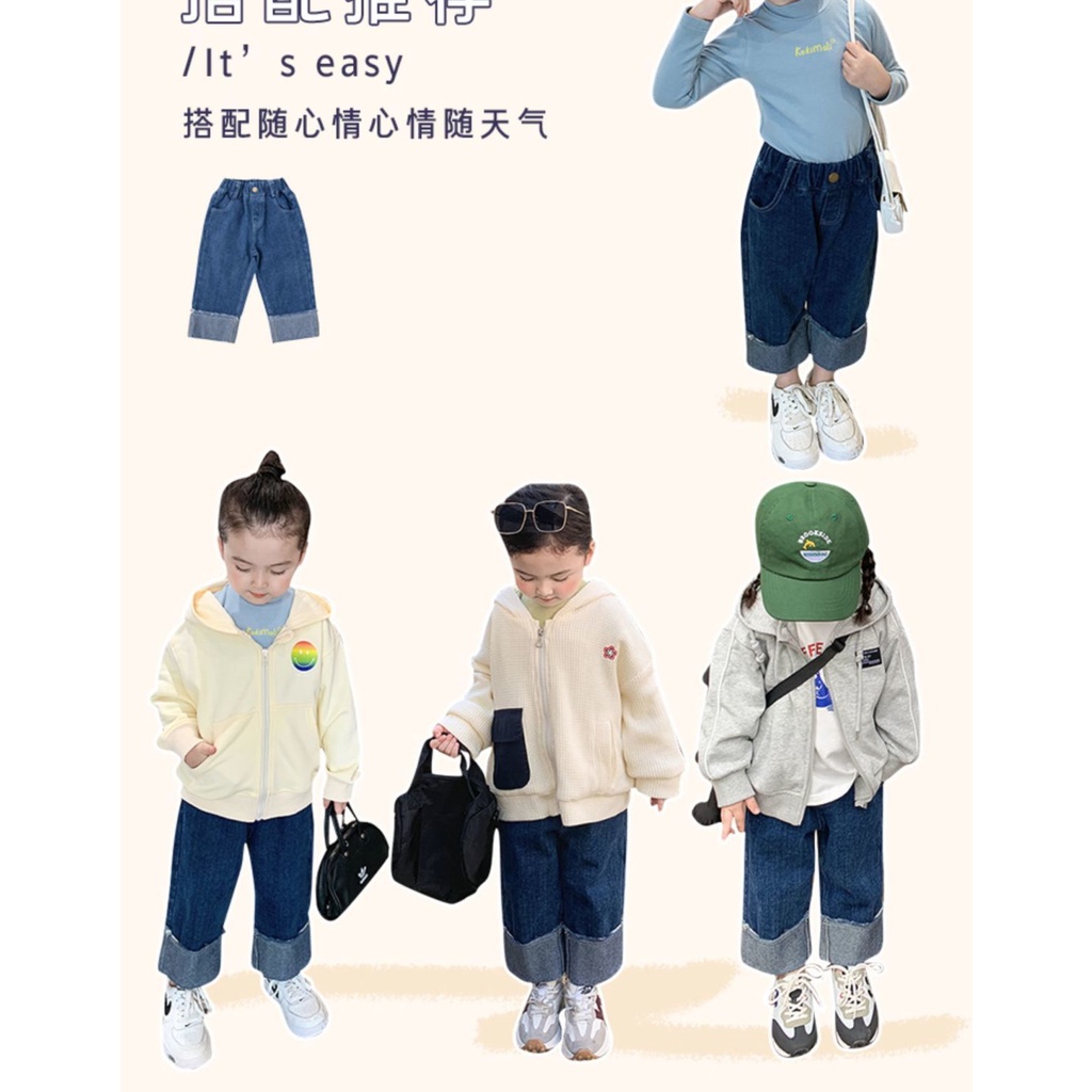 Quần Jean Denim Ống Rộng Mềm Mại Phong Cách Nhật Hàn Thời Trang Mùa Xuân 2022 Cho Bé Gái