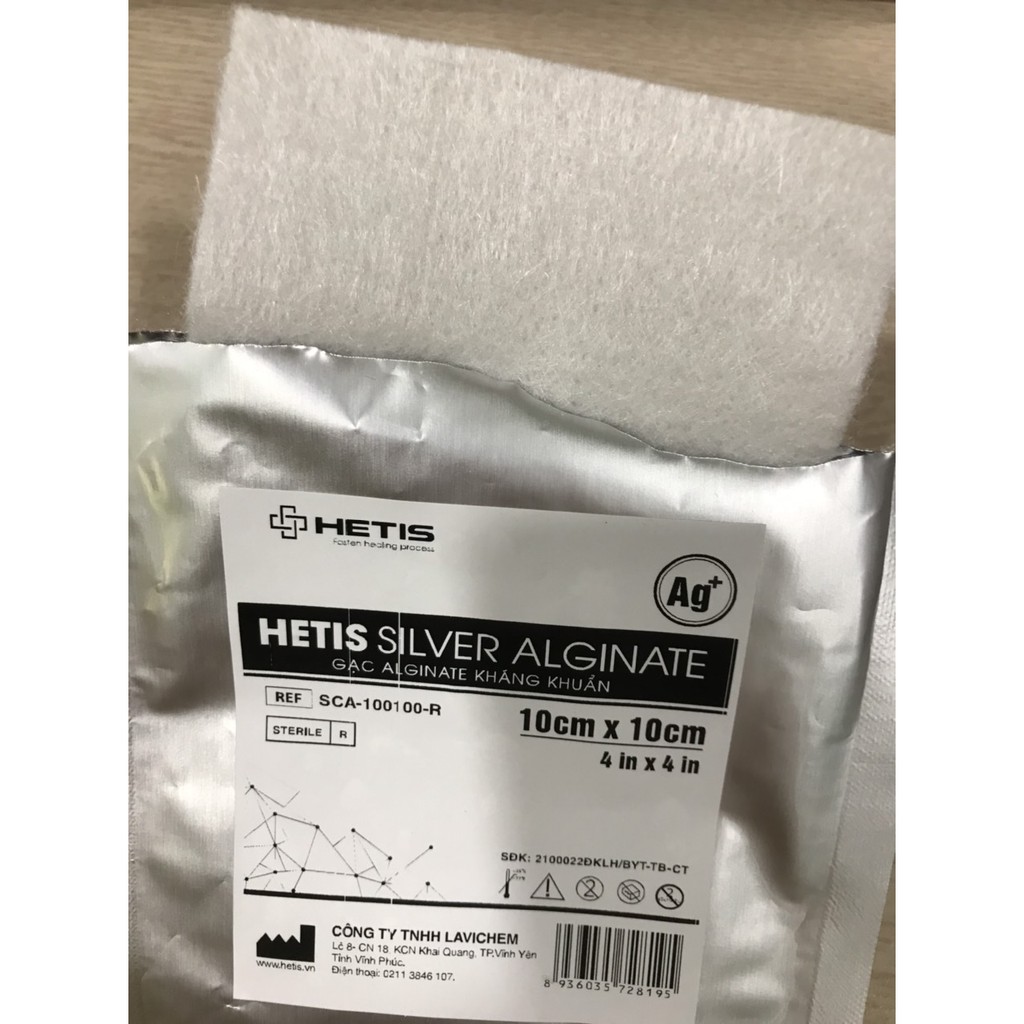 Miếng Gạc HETIS Alginate Silver kháng khuẩn - Thấm hút dịch, liền thương nhanh, chế sự phát triển của vi khuẩn SCA100100