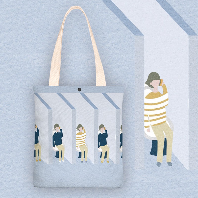 Túi Tote vải Canvas Cô Gái Đứng Dựa Tường Trầm Tư Chill nền xanh Pastel