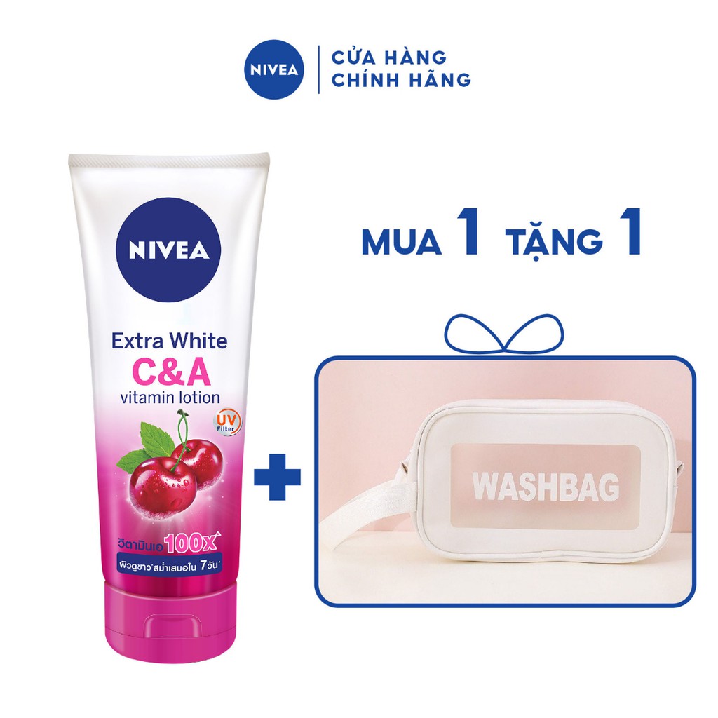 [TẶNG TÚI WASHBAG] Bộ sữa dưỡng thể dưỡng trắng Nivea Extra White C&amp;A Vitamin Lotion 180ml TẶNG TÚI TRANG ĐIỂM