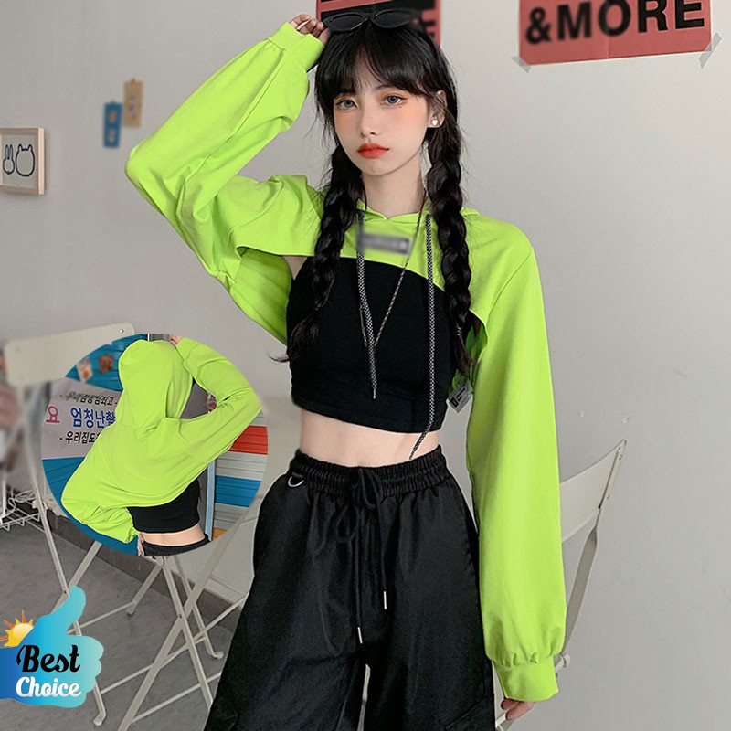 HÀN QUỐC Áo Hoodie Siêu Ngắn Nữ Crop Top Hip-hop Dài Tay Áo