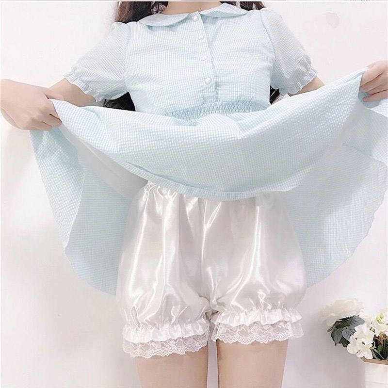 Quần Lót Ngắn Giả Váy Hai Mảnh Màu Trơn Viền Ren Gợn Sóng An Toàn