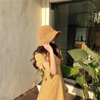 Đầm sọc ca rô vàng trái cam
