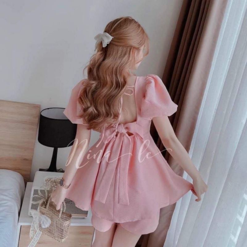 Set bộ đùi babydoll chất tổ ong lưng cột nơ xinh xắn