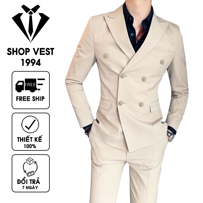 Vest nam cao cấp 6 khuy màu Kem - Bộ vest nam vải cao cấp 2 lớp - quần có chỉnh cạp - vest nam from 