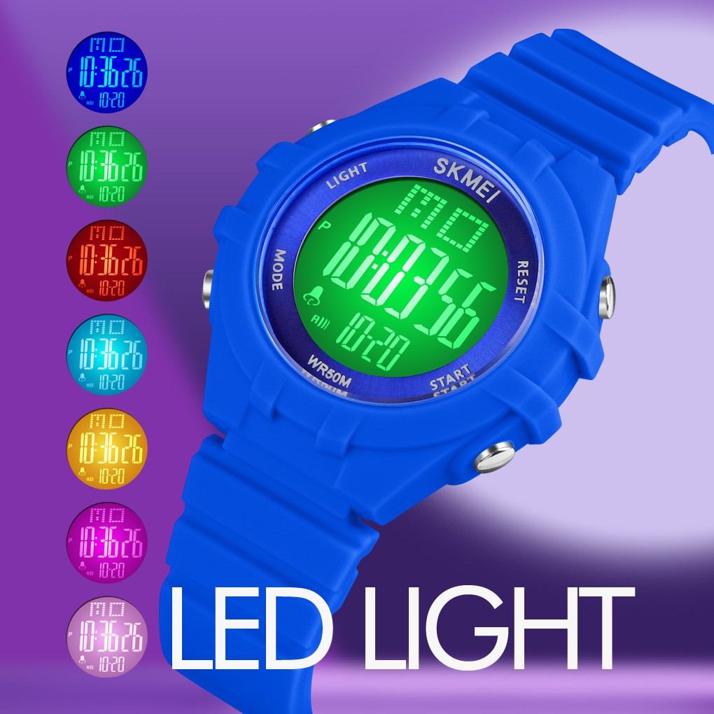 Đồng Hồ Điện Tử Thể Thao Skmei Chính Hãng Dây Silicon Chống Thấm Nước Đèn LED 7 Màu 50m 12/24 Giờ Cho Học Sinh