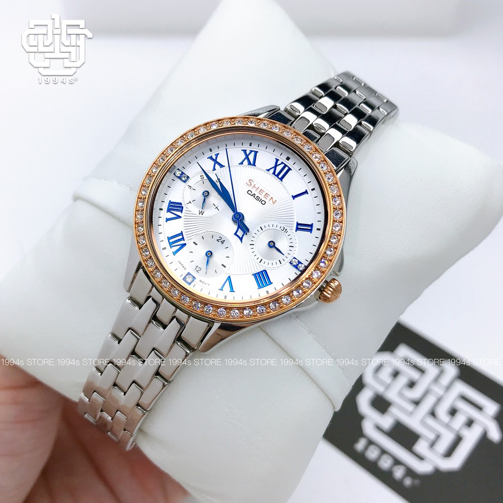 Đồng hồ nữ Casio Sheen SHE-3062 / SHE-3062SG-7A đính đá pha lê Swarovski, chống nước 50m, size 33mm, hàng chính hãng