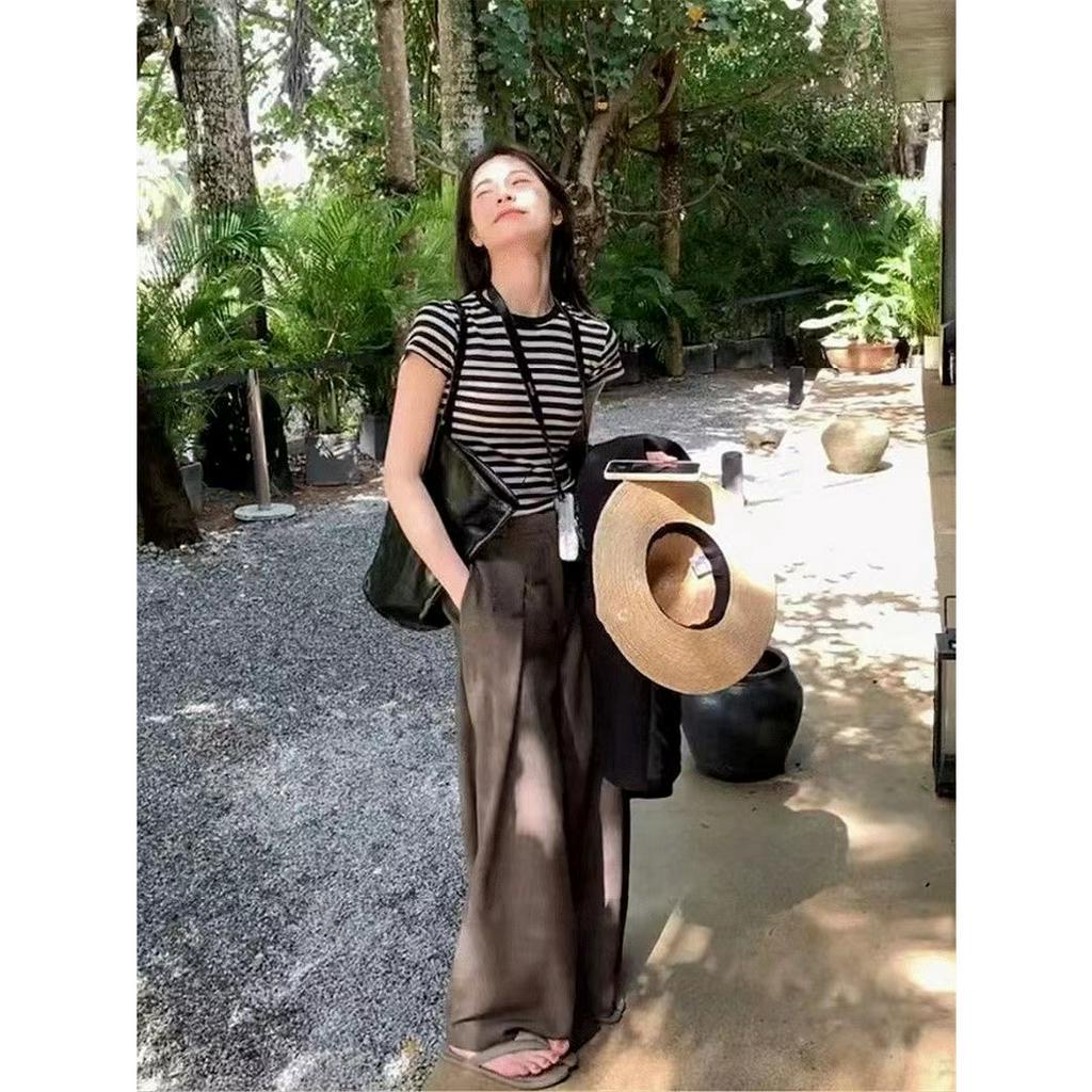 Ethelgirl Áo Thun Tay Ngắn Cổ Tròn Họa Tiết Kẻ Sọc Thời Trang Hàn Quốc Dễ Phối Đồ Cho Nữ