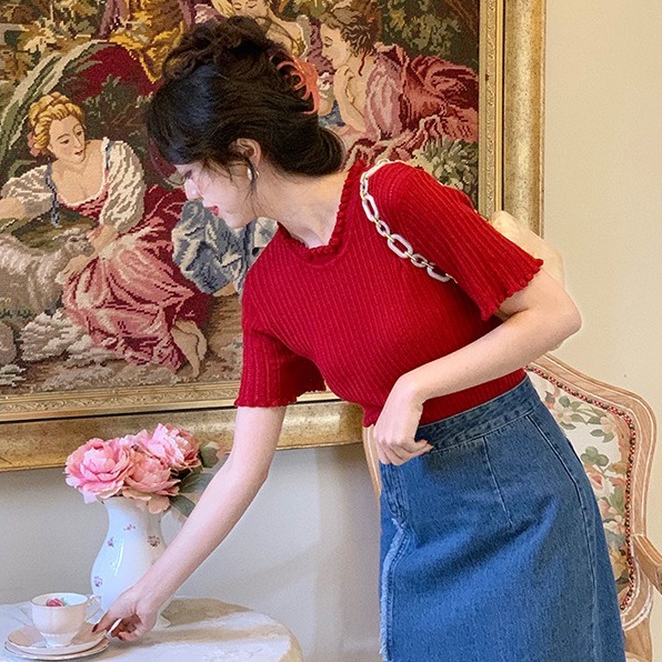 Áo Thun Dệt Kim Tay Ngắn Dáng Ôm Thiết Kế Trẻ Trung Hợp Thời Trang