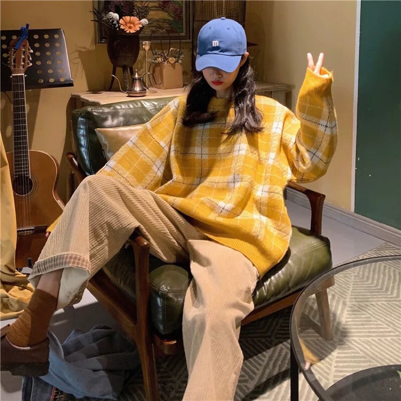 Áo len kẻ vàng chất dày dặn Vintage xinh xắn dễ phối đồ