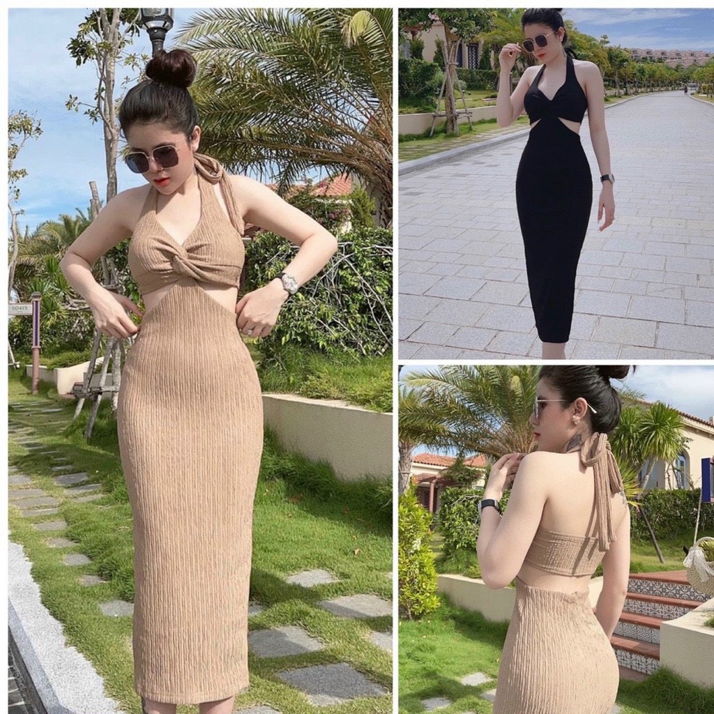 Đầm body xoắn ngực cột dây cổ có mút ngực - mặc đi chơi đi tiệc siêu xinh