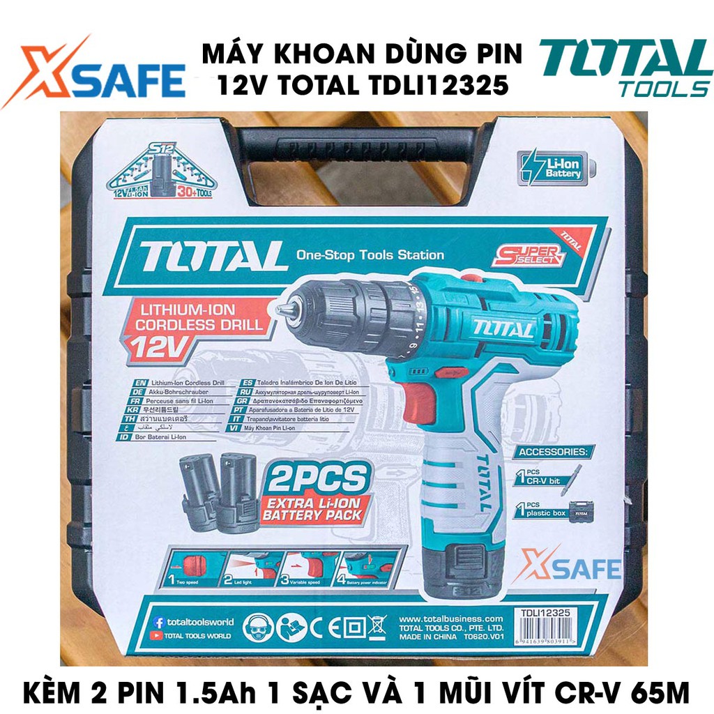 Máy khoan dùng pin 12V TOTAL TDLI12325 Kèm 2 Pin 1.5Ah 1 Sạc 1 mũi vít CR-V 65mm Máy khoan cầm tay chính hãng