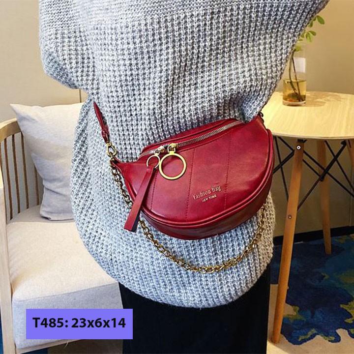 Túi bao tử đeo chéo da trơn cho nữ đeo bụng đeo trước ngực khóa tròn cá tính T485 | BigBuy360 - bigbuy360.vn