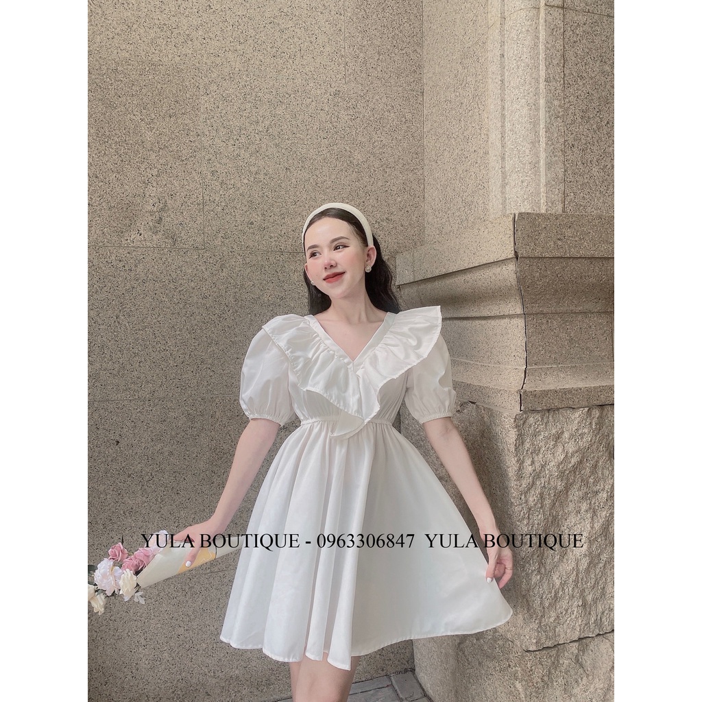 Váy babydoll nữ, tay phồng tiểu thư, bèo cánh tiên, chun eo, có thắt nơ sau | BigBuy360 - bigbuy360.vn