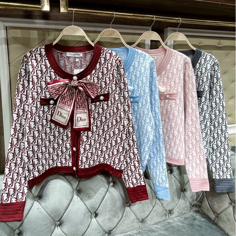Áo khoác Cardigan họa tiết kèm nơ Quảng Châu cao cấp, Cardigan len dày dặn nút ngọc thương hiệu thời trang D&amp;R L032