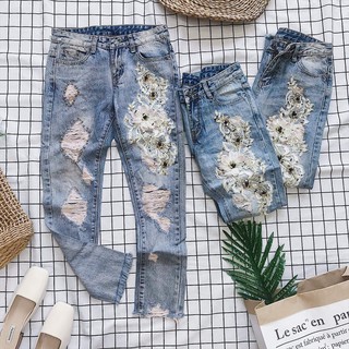 4274 QUẦN JEAN DÀI ĐÍNH ĐÁ + HOA NỔI, PHỐI RÁCH